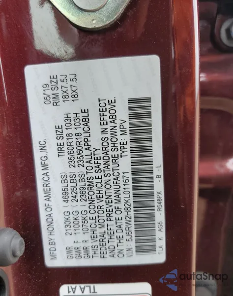 2019 Honda Cr-V Exl z USA, uszkodzony, nr VIN 5J6RW2H82KL011671